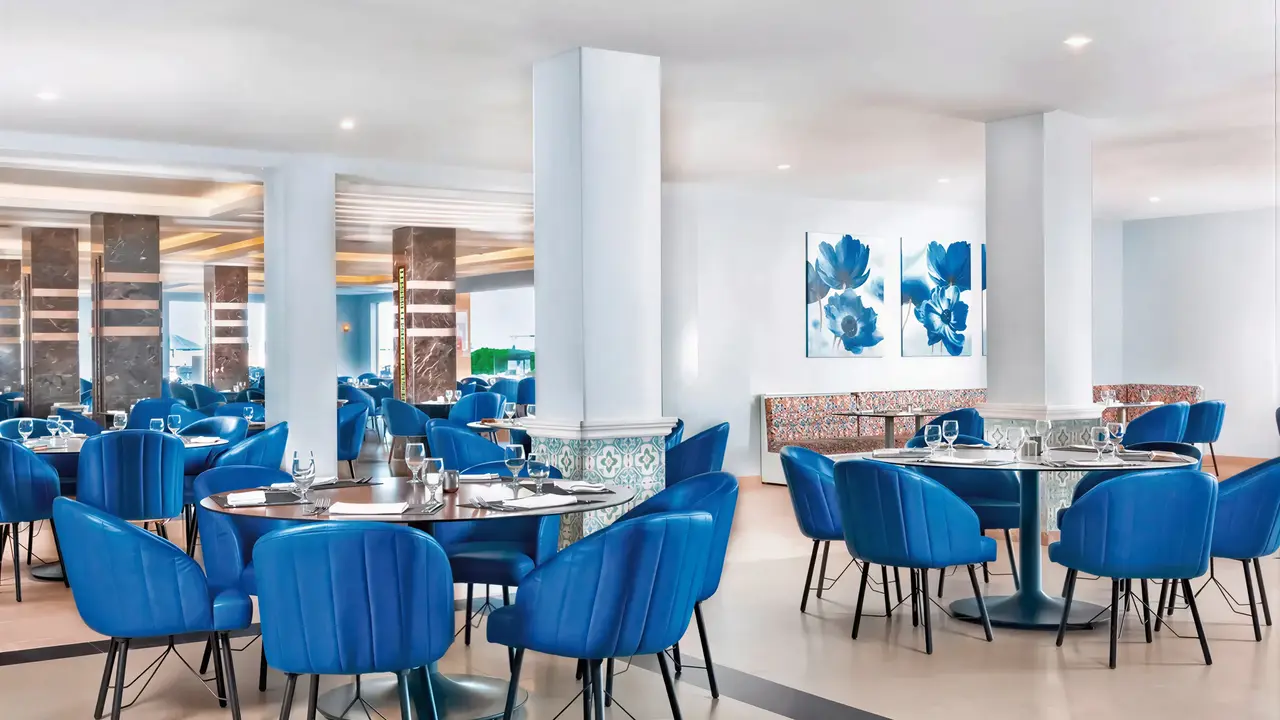 Restauracja z niebieskimi krzesłami w Albatros Beach Resort