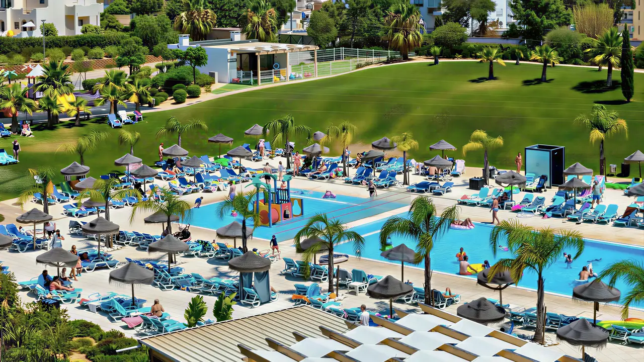 Widok na kompleks basenowy w Alvor Baia