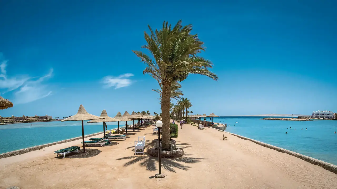Plaża z parasolami i leżakami w Arabia Azur