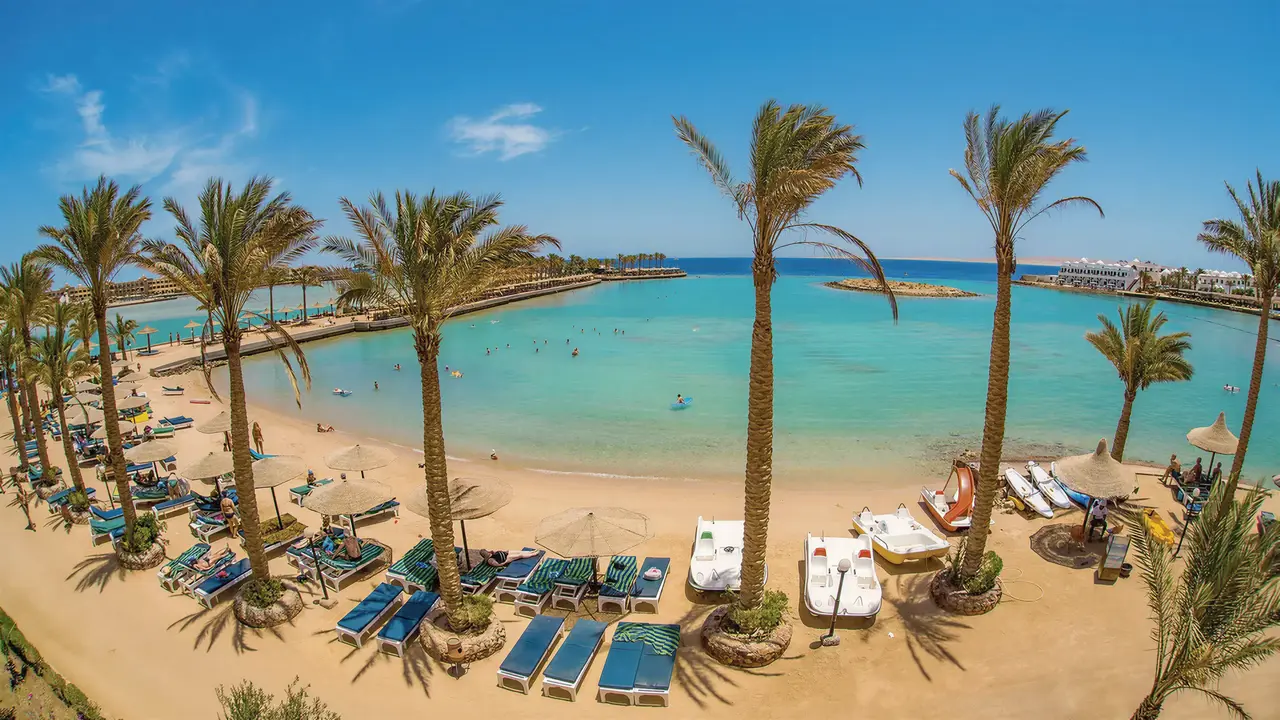 Plaża z leżakami i palmami w Arabia Azur