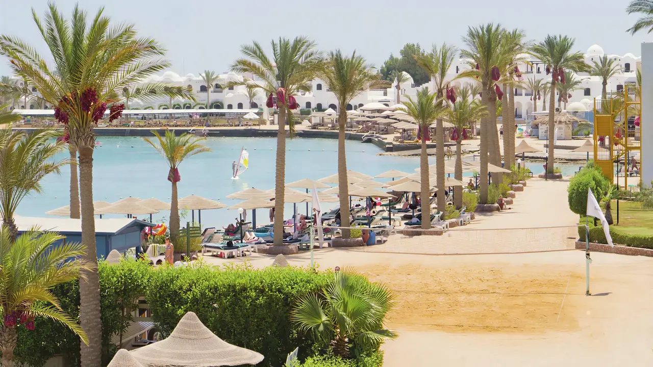 Widok na kompleks Arabia Azur z palmami