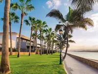 Elewacja budynku Barcelo Fuerteventura Castillo z palmami i chodnikiem