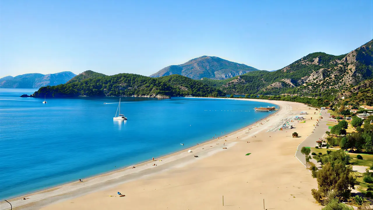 Piaszczysta plaża i błękitne morze w Belcekum Beach