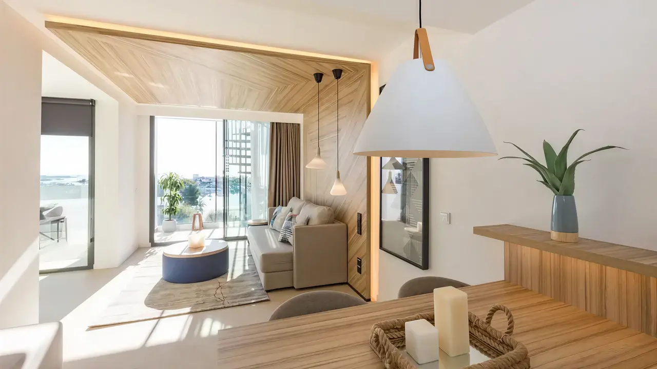 Nowoczesny salon w apartamencie Bordoy Alcudia Port Suites