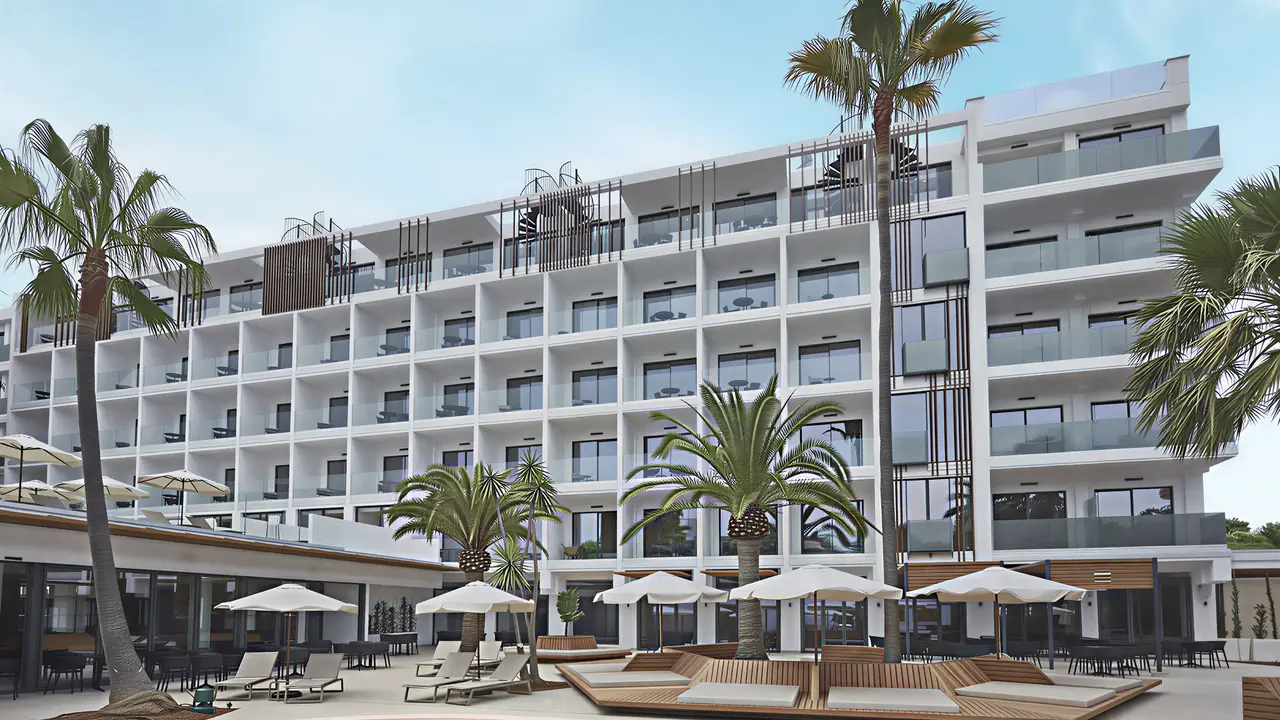 Nowoczesny budynek Bordoy Alcudia Port Suites z basenem i palmami