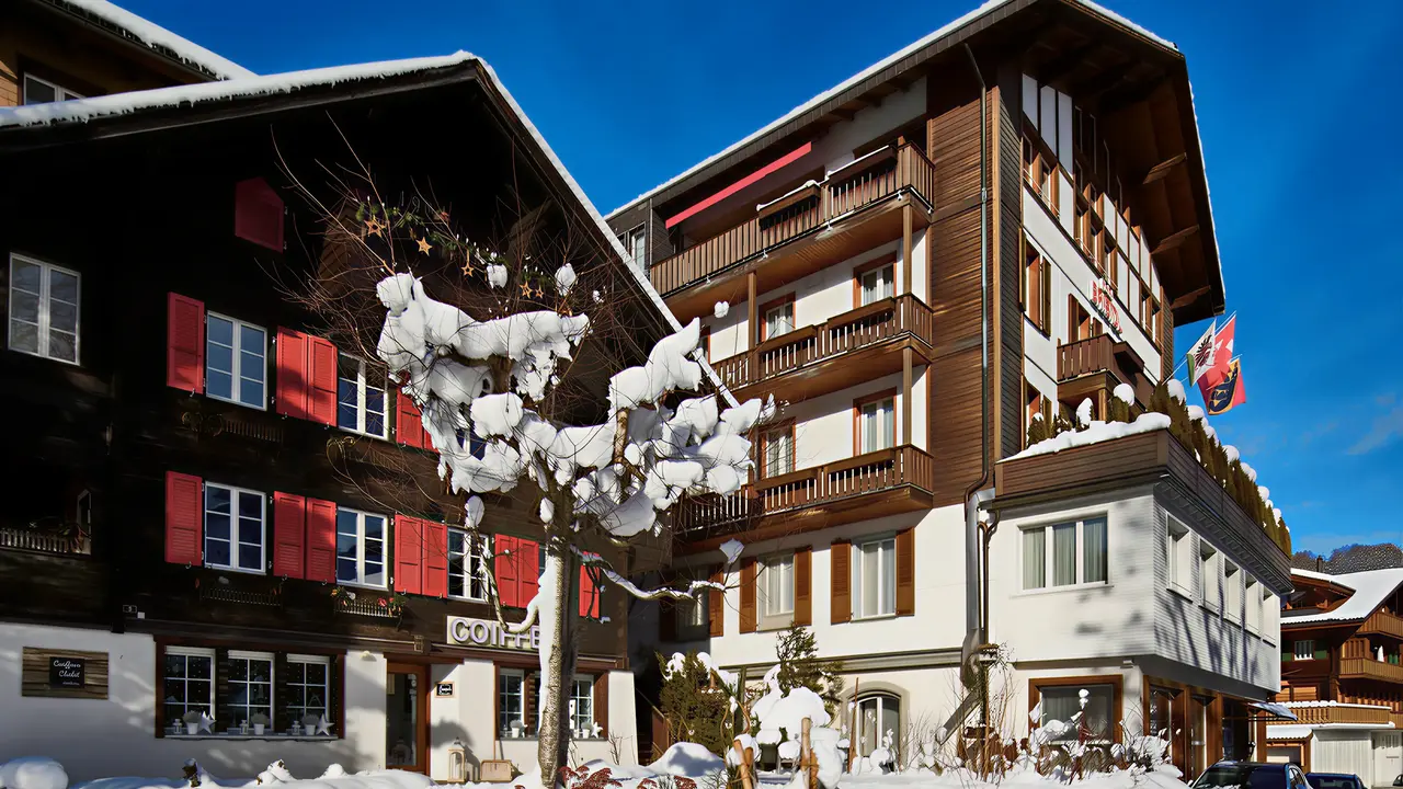 Zimowy widok na budynki Bristol (Adelboden)