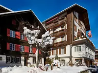 Zimowy widok na budynki Bristol (Adelboden)