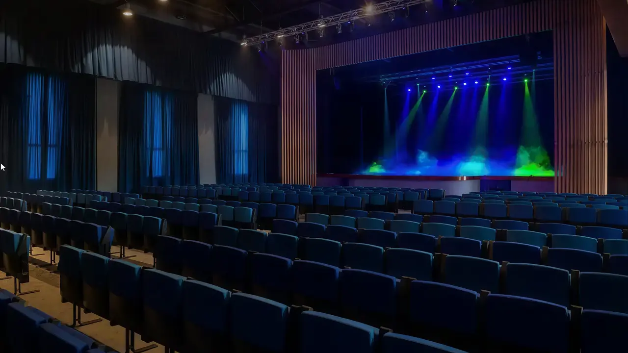 Sala teatralna z oświetloną sceną w Catalonia Grand Costa Mujeres