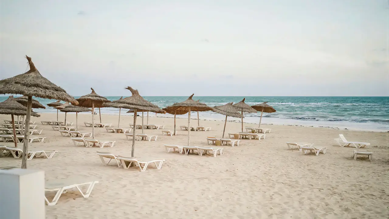 Plaża z leżakami i parasolami w Club Calimera Yati Beach
