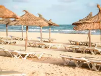 Leżaki i parasole na plaży w Club Calimera Yati Beach