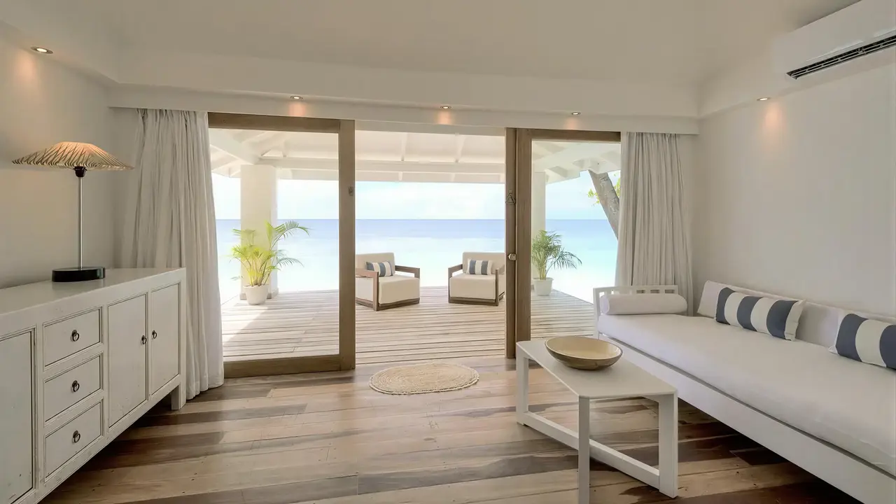 Jasny salon z widokiem na morze w Diamonds Athuruga Beach & Water Villas