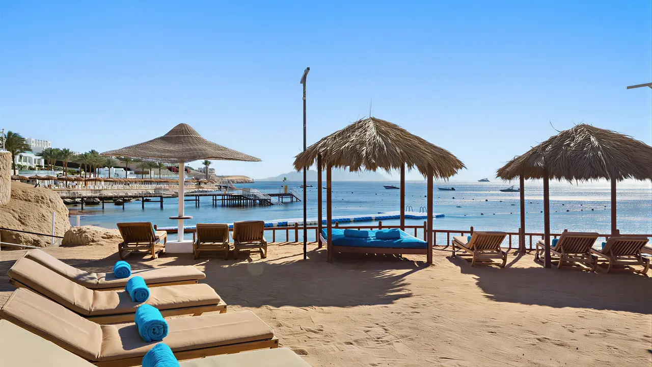 Leżaki i parasole na plaży w Doubletree by Hilton Sharks Bay