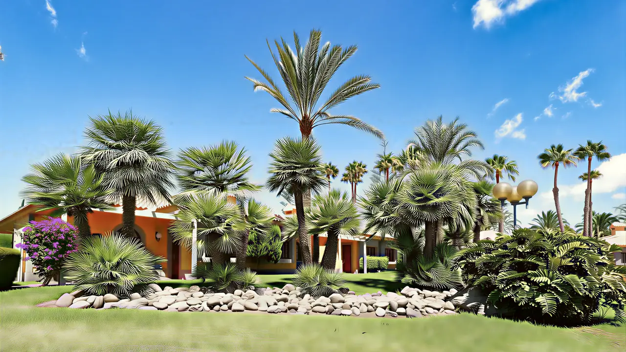 Zielony ogród z palmami w Dunas Suites & Villas Resort