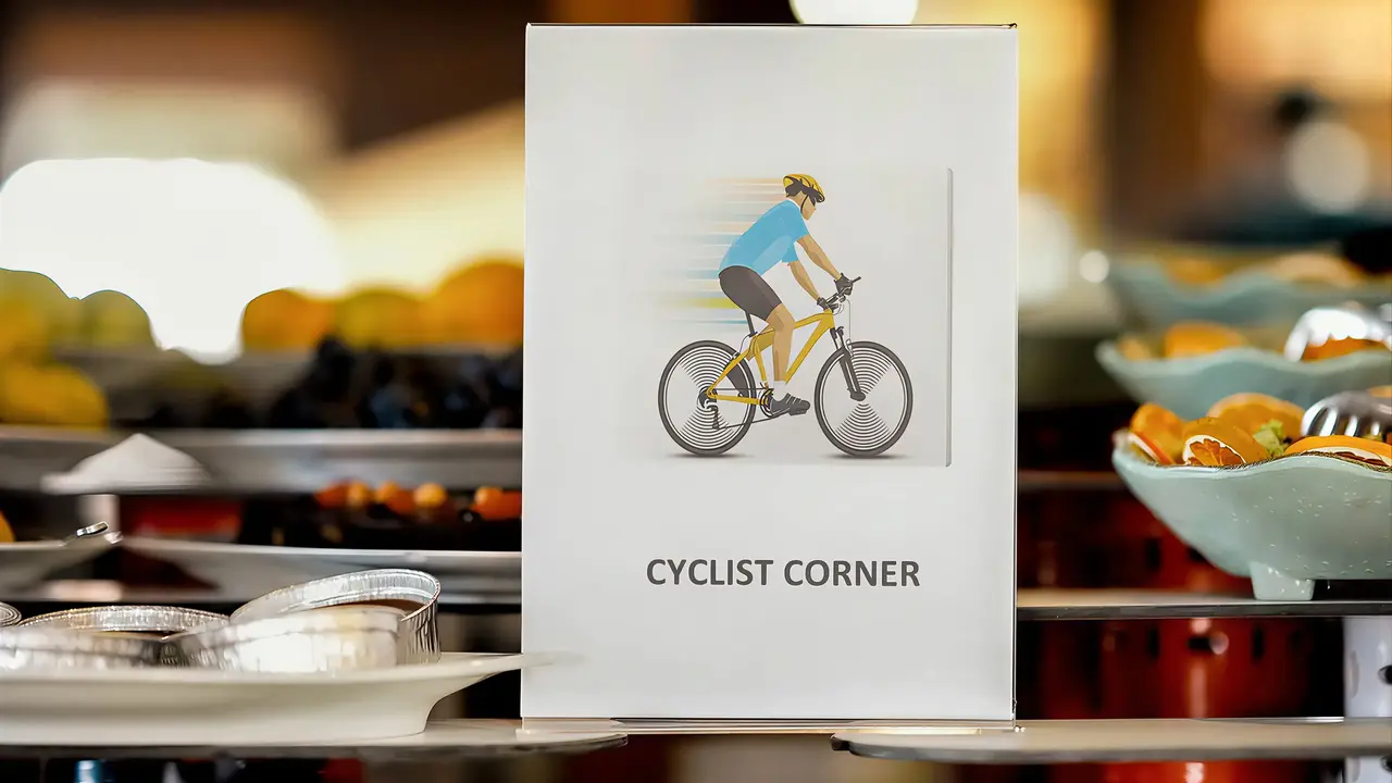 Bufet w Emelda Sun Club z tabliczką Cyclist Corner