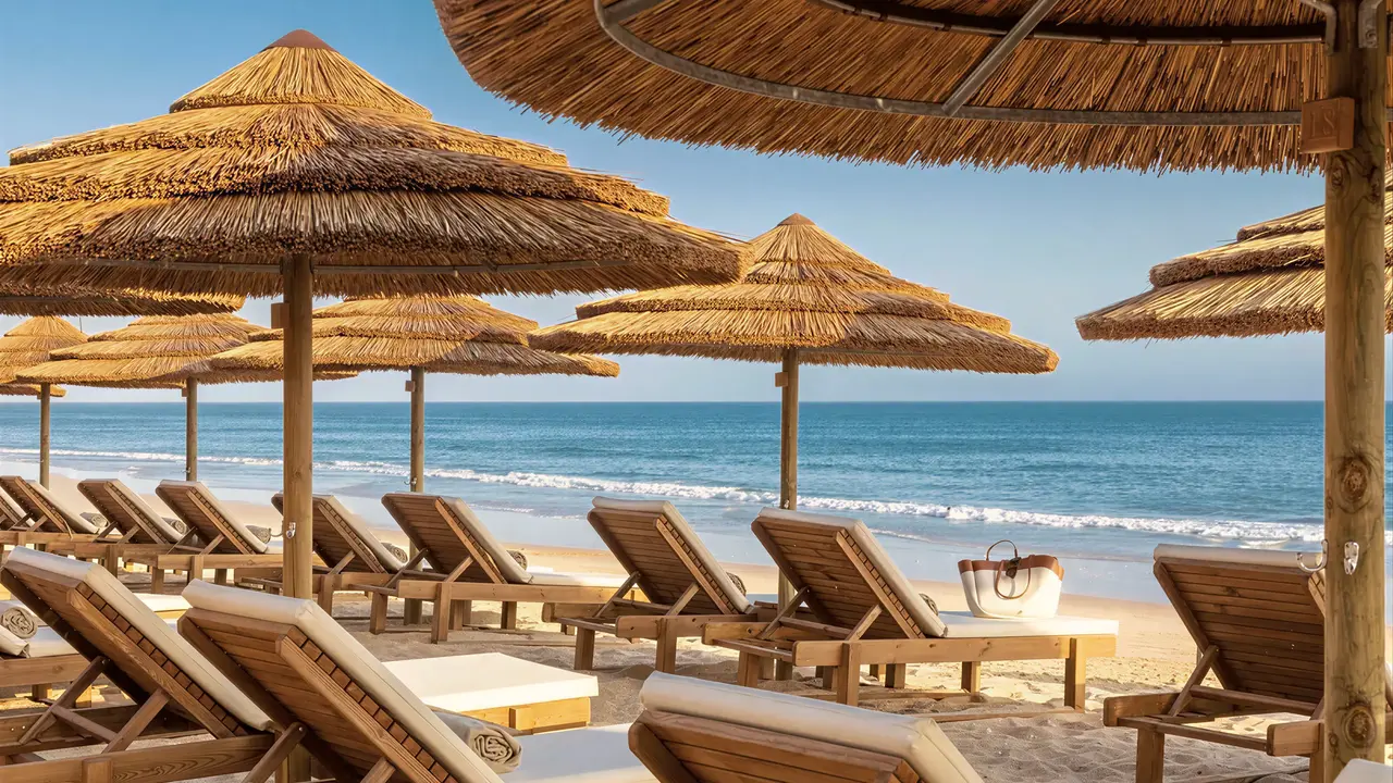 Leżaki i parasole na plaży w Epic Sana