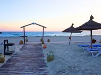 Plaża z leżakami i parasolami w Fiesta Beach