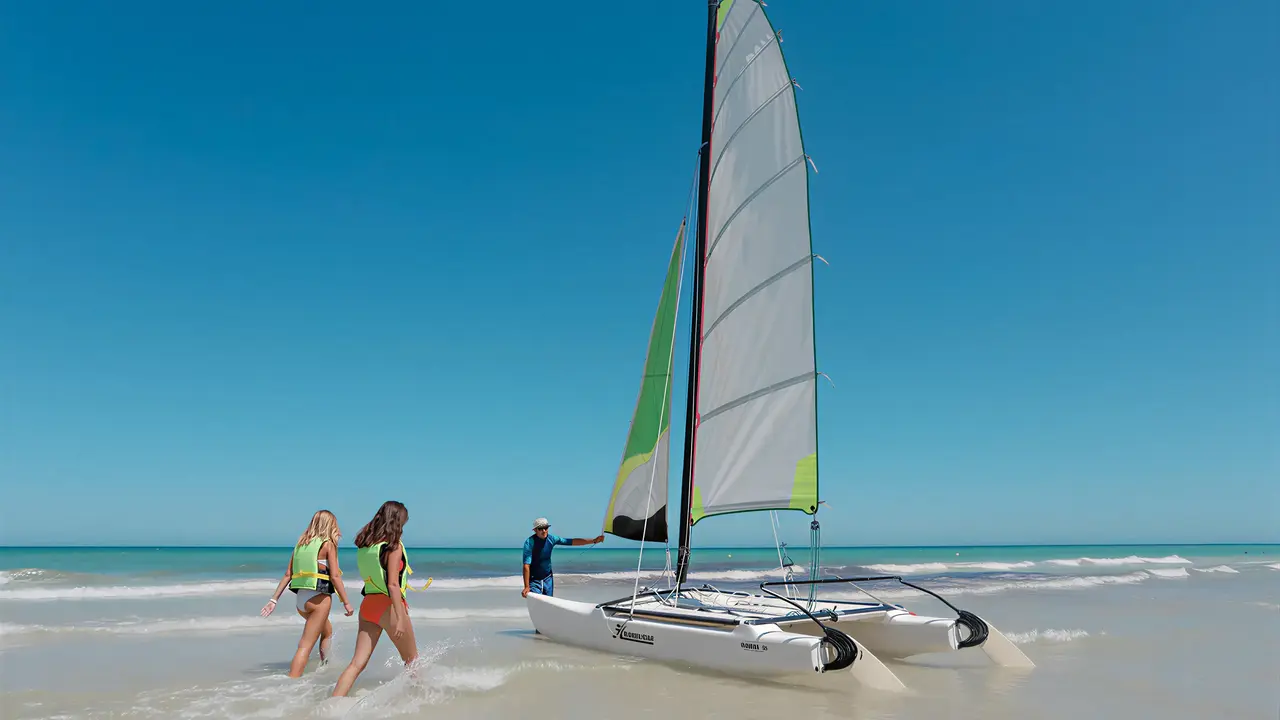 Katamaran i osoby na plaży w Fiesta Beach