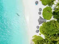 Piaszczysta plaża i turkusowa woda w Fihalhohi Island Resort