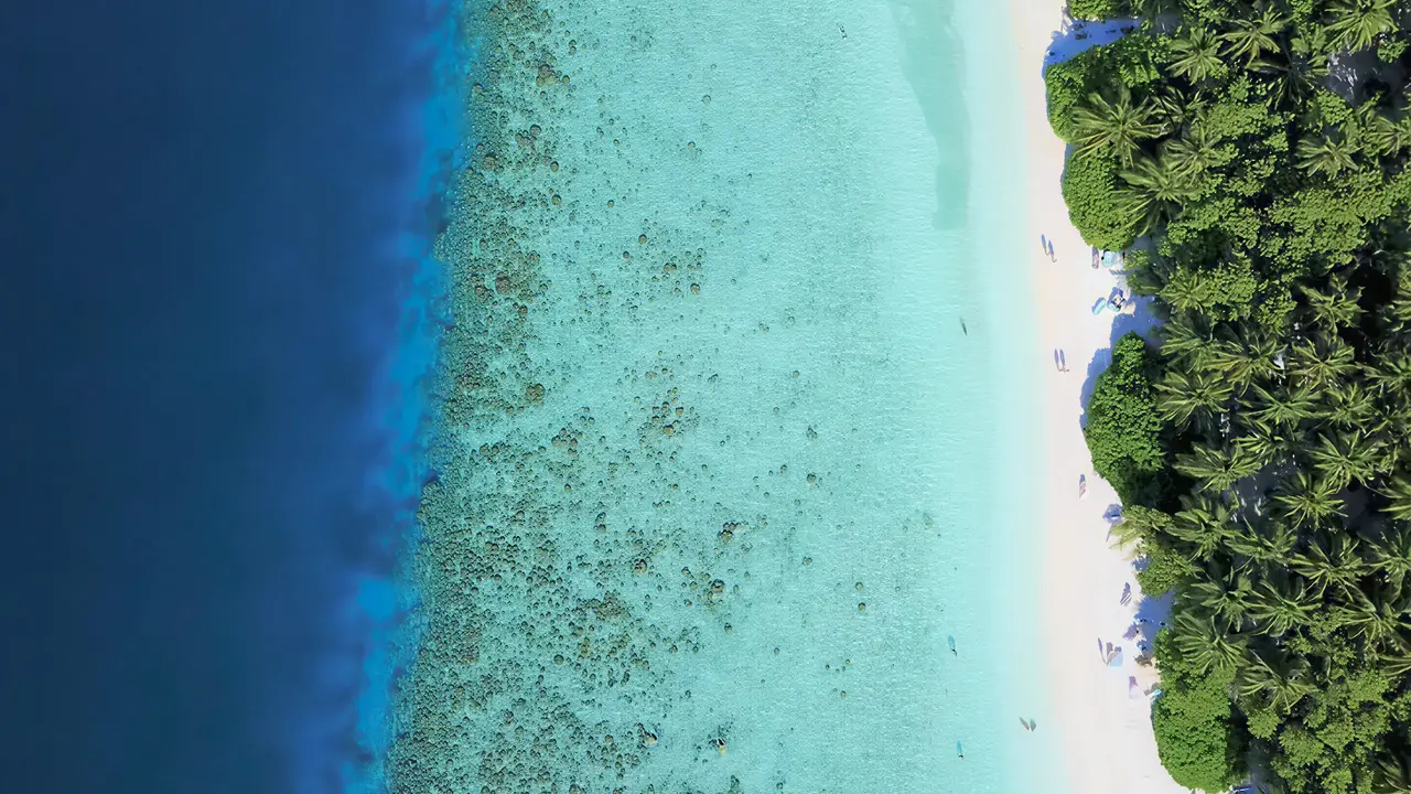Biała plaża i turkusowa woda w Fihalhohi Island Resort