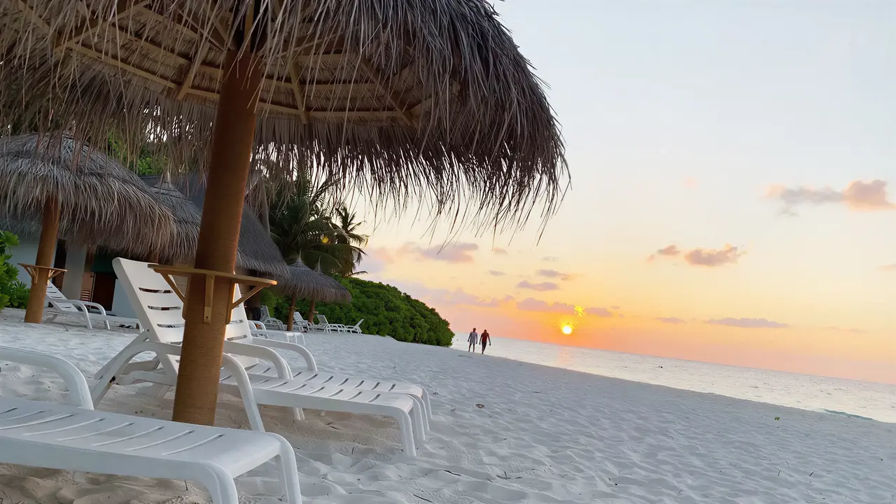 Plaża z leżakami w Fihalhohi Island Resort o zachodzie słońca