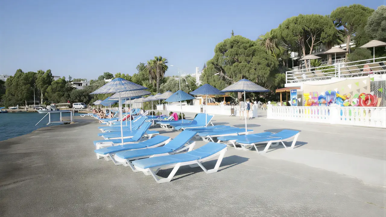 Leżaki i parasole przy plaży w Green Port Bodrum