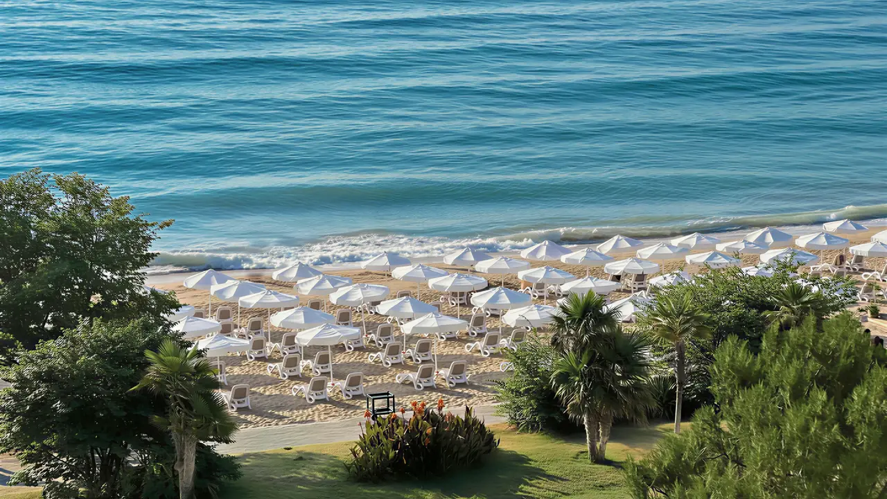 Plaża z parasolami i leżakami w Grifid Aqua Club Bolero