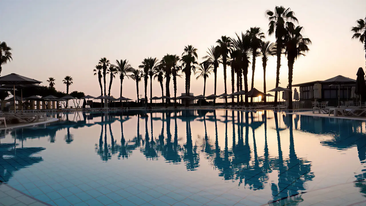 Basen z palmami o zachodzie słońca w Hilton Malta