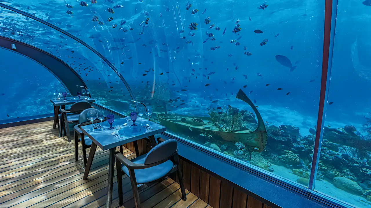 Podwodna restauracja w Hurawalhi Island Resort z widokiem na ryby