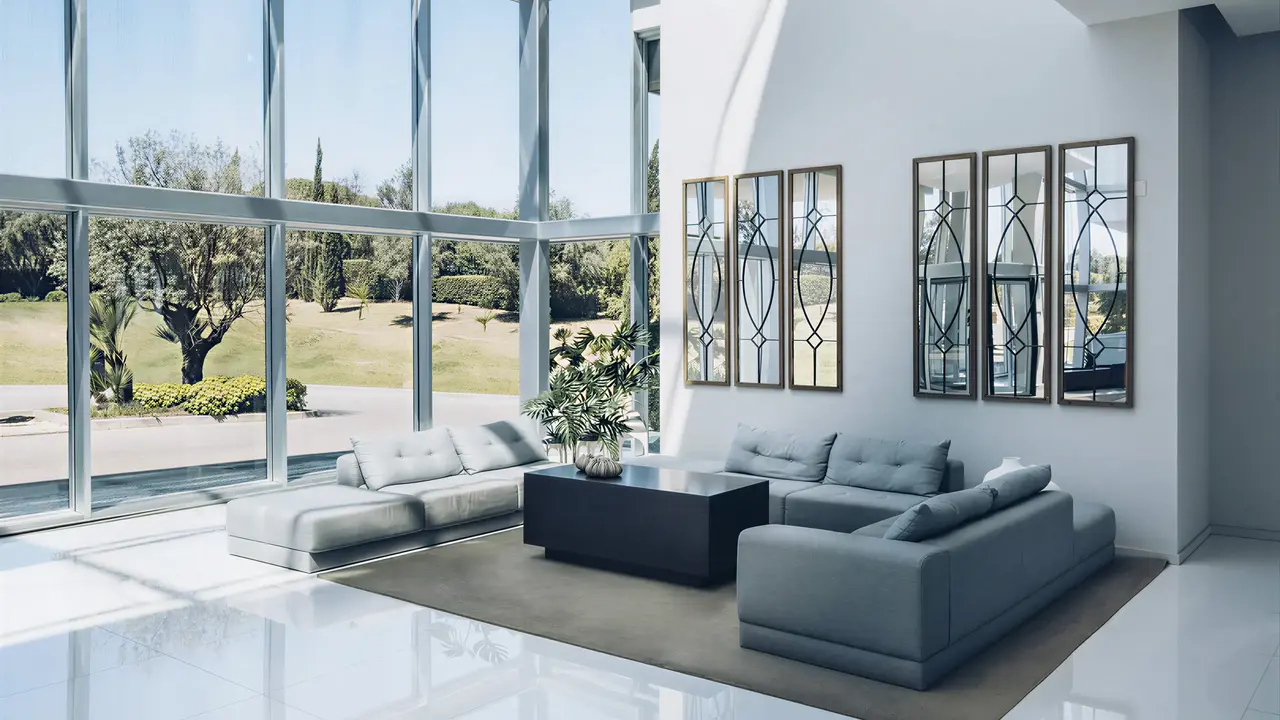 Nowoczesny salon w Iberostar Lagos Algarve z widokiem na ogród