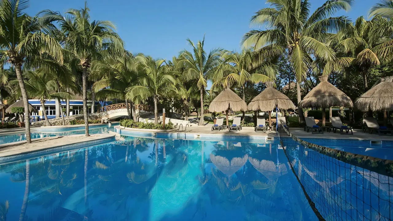 Basen z leżakami i palmami w Iberostar Paraiso Del Mar
