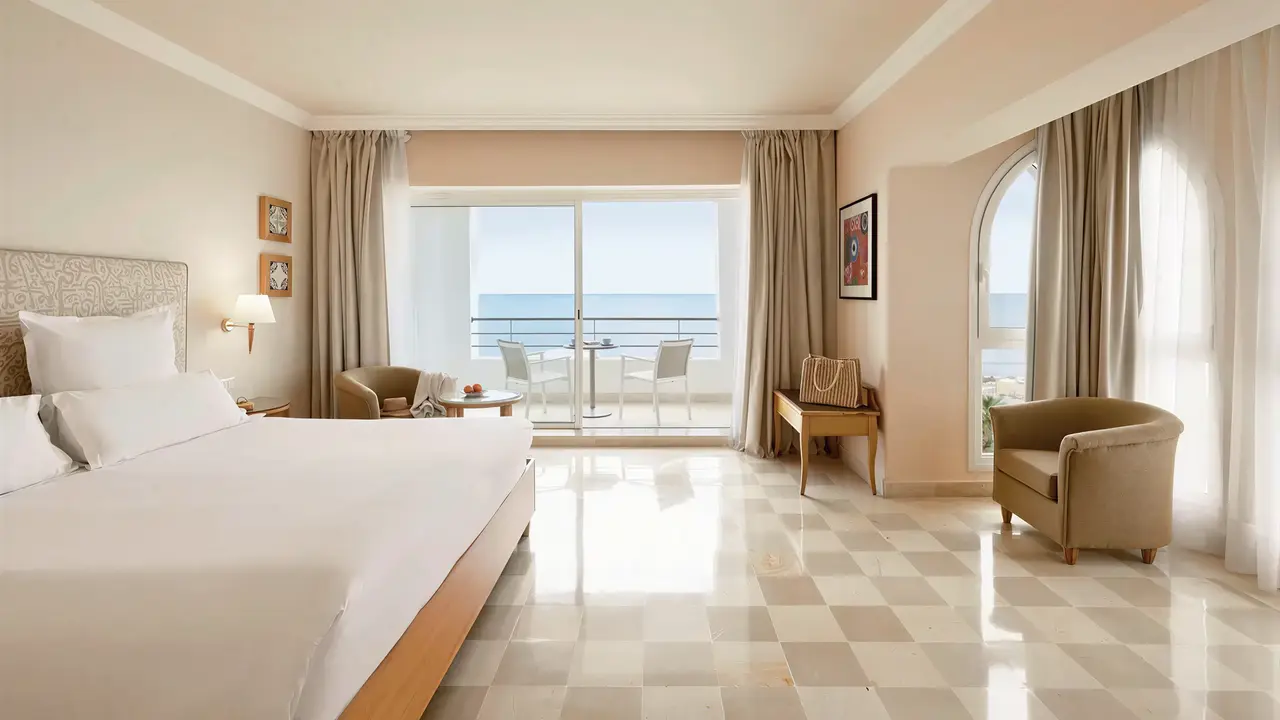 Sypialnia z widokiem na morze w Iberostar Selection Kantaoui Bay