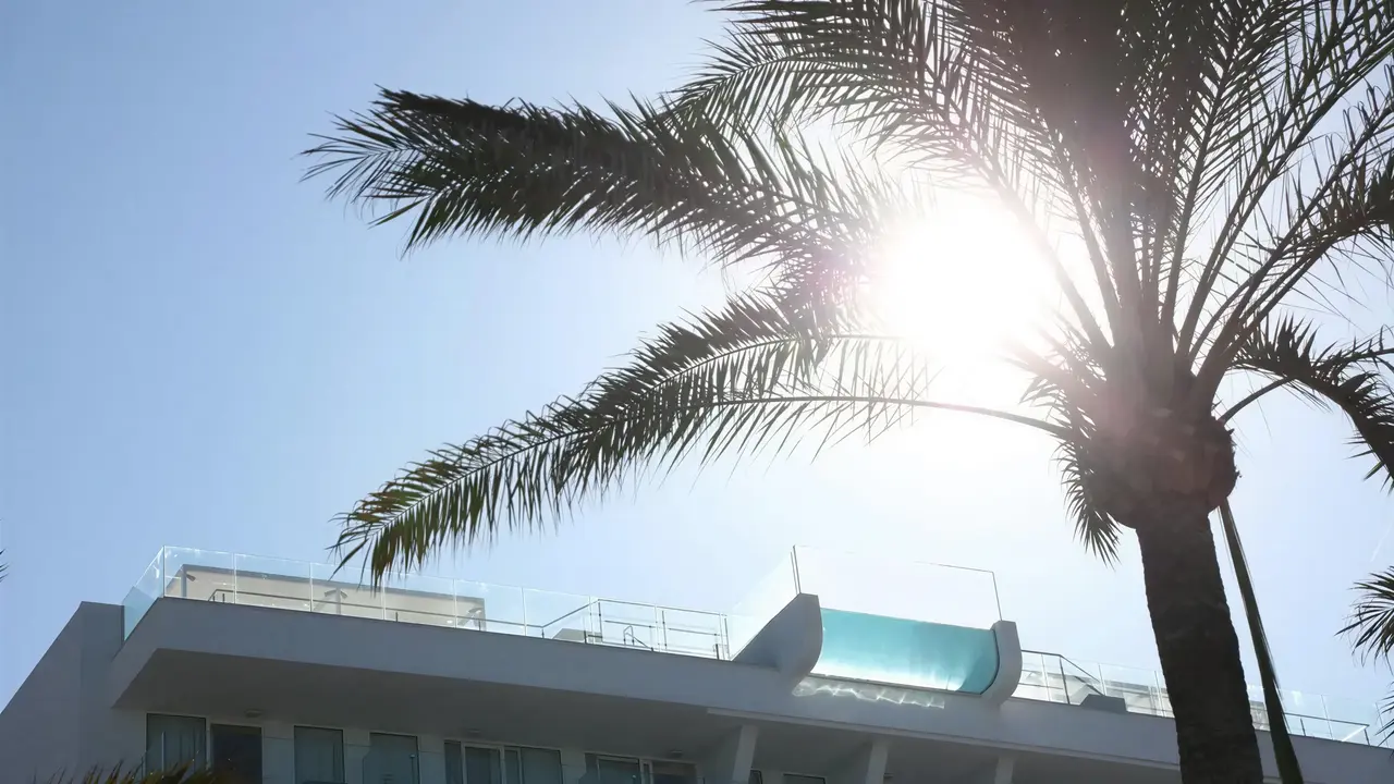 Elewacja budynku Iberostar Waves Bahia de Palma (ex Royal Cupido) z palmą na pierwszym planie