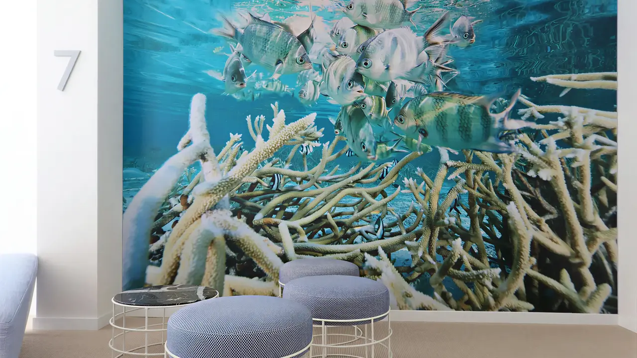 Wnętrze z pufami i muralem w Iberostar Waves Bahia de Palma (ex Royal Cupido)