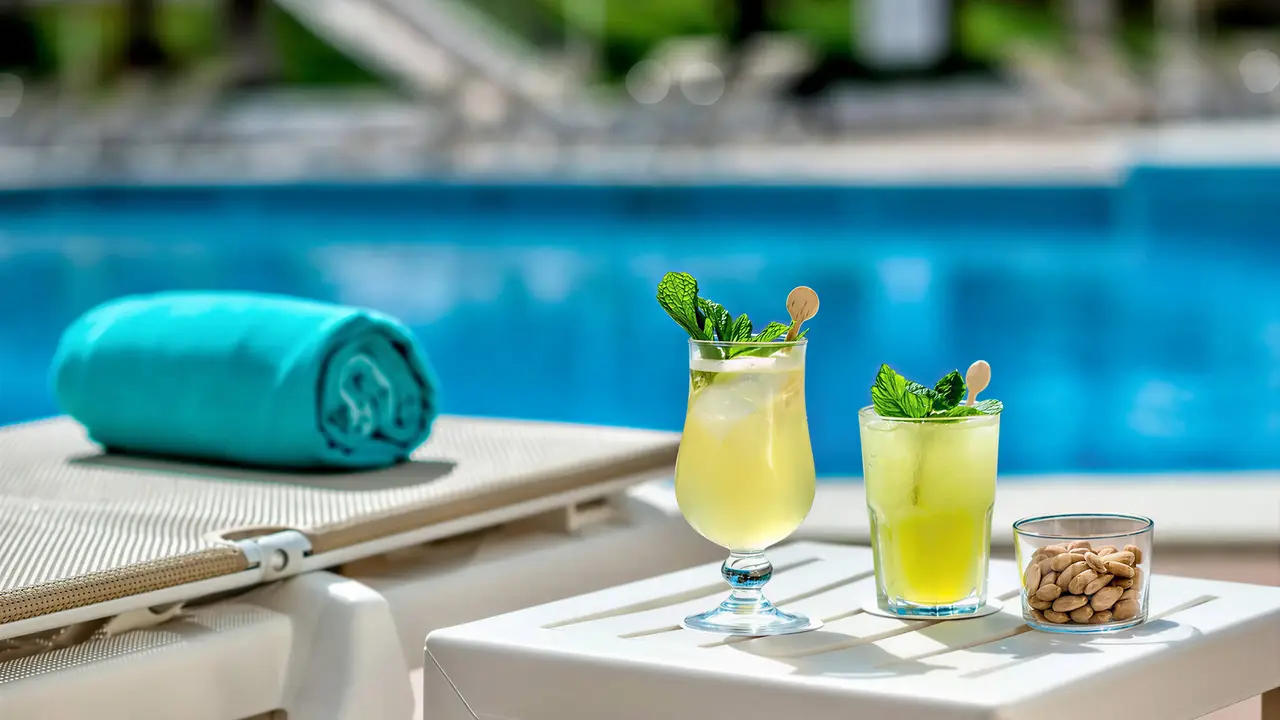 Napoje i ręcznik przy basenie w Iberostar Waves Las Dalias