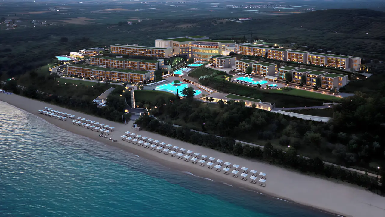 Widok z lotu ptaka na Ikos Oceania i plażę