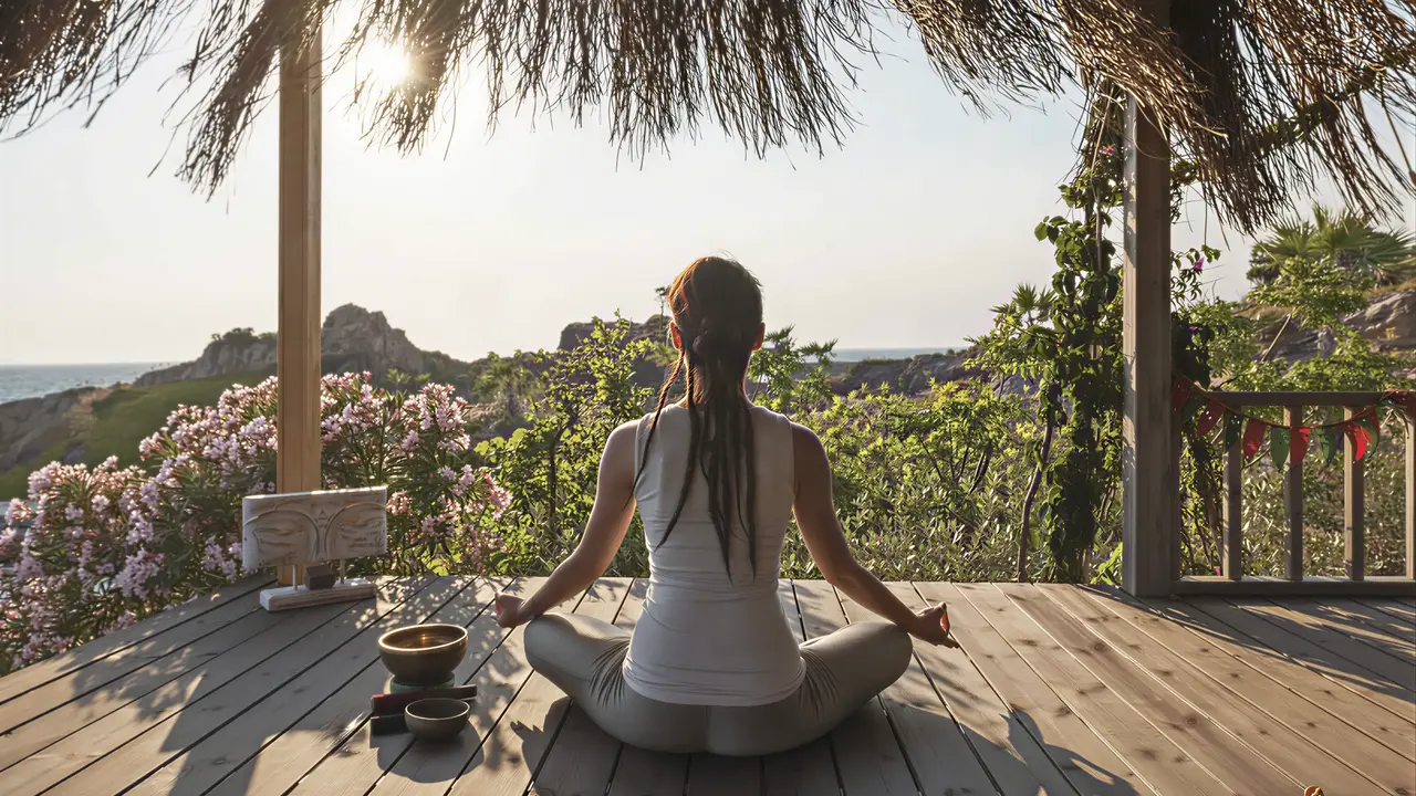 Kobieta ćwicząca jogę na tarasie w Le Meridien Bodrum Beach Resort (ex Lux Bodrum )