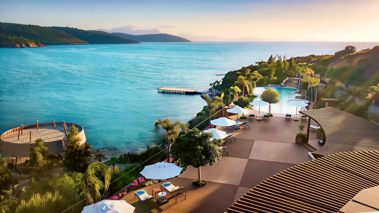 Widok na kompleks Le Meridien Bodrum Beach Resort (ex Lux Bodrum ) i morze
