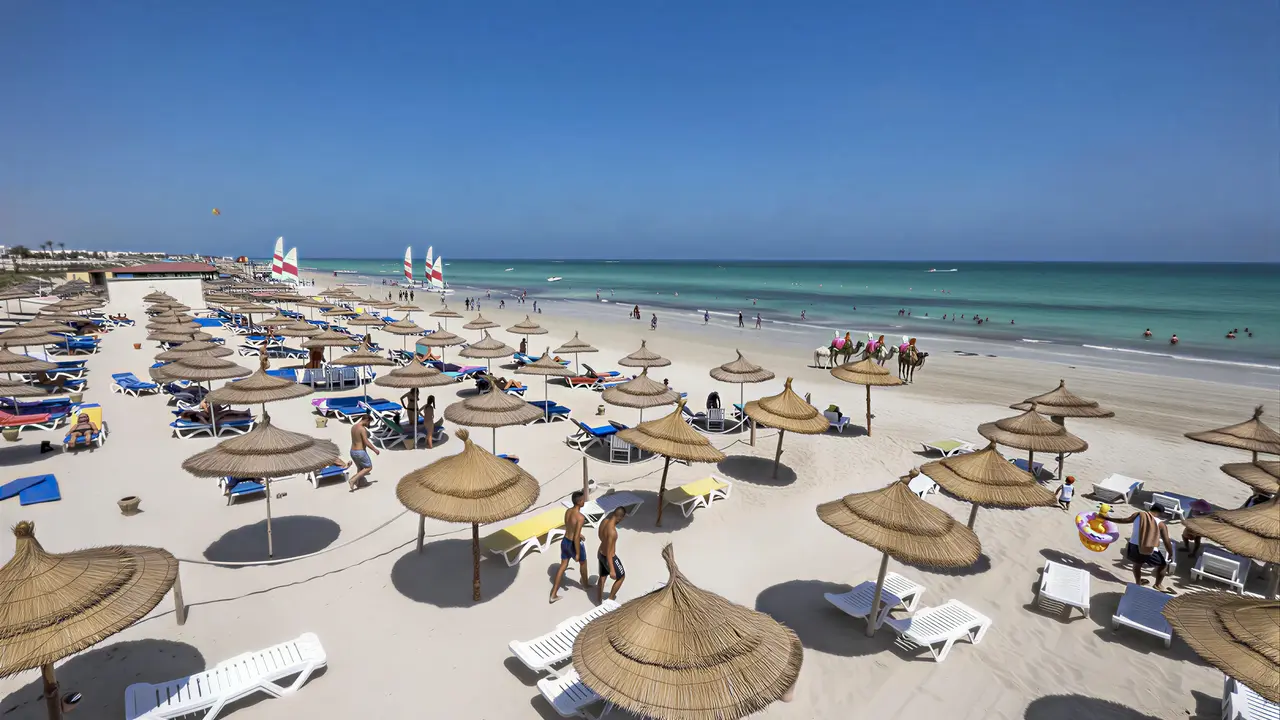 Plaża z leżakami i parasolami w Les Quatres Saisons by Medina