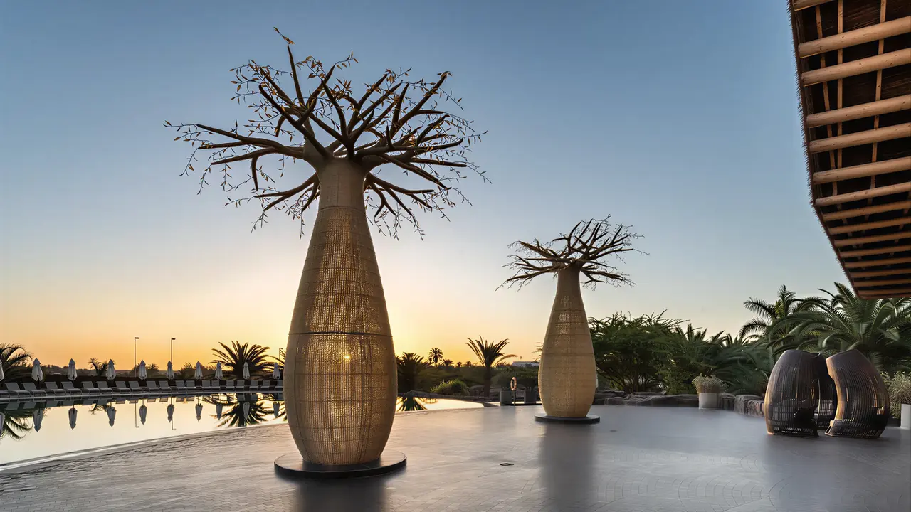 Nowoczesna architektura zewnętrzna Lopesan Baobab Resort o zachodzie słońca