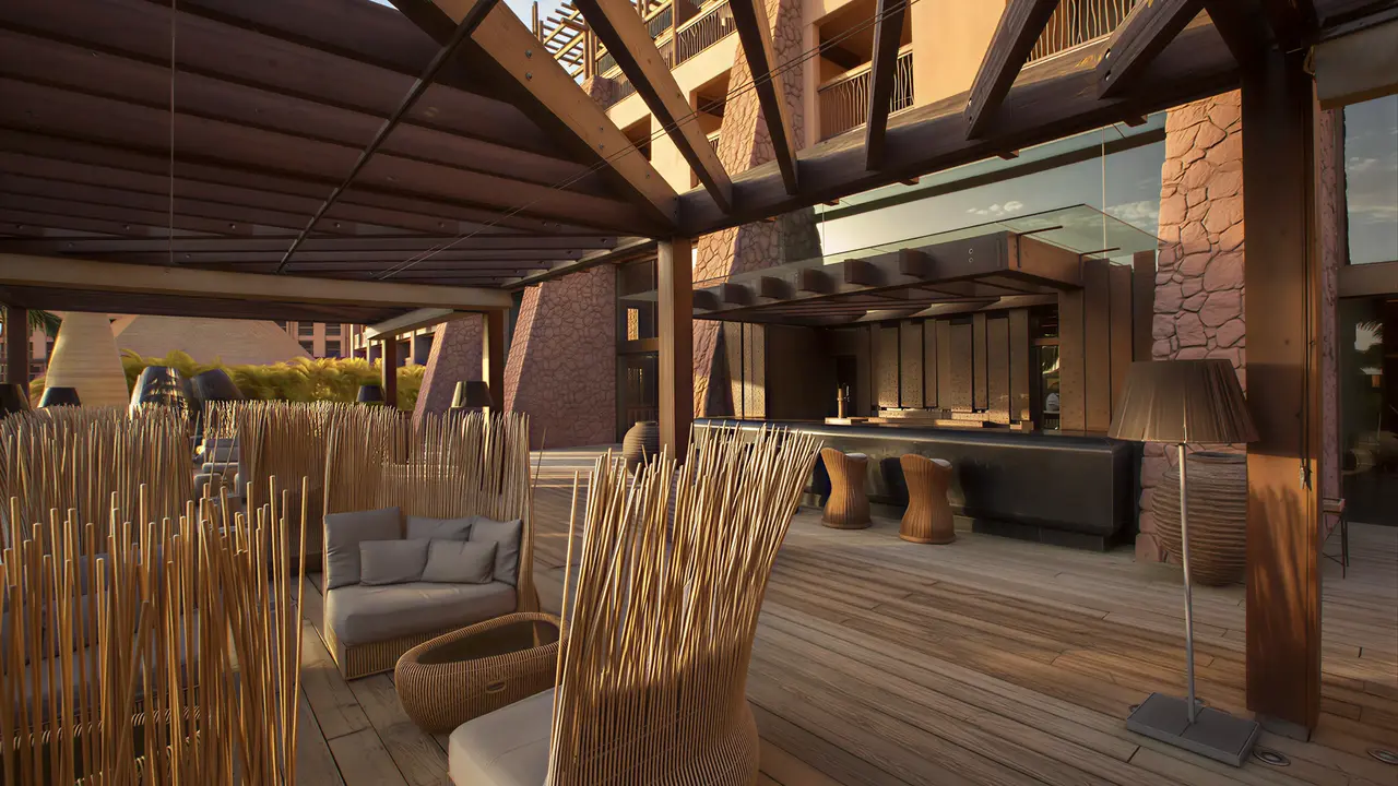 Taras wypoczynkowy z meblami w Lopesan Baobab Resort