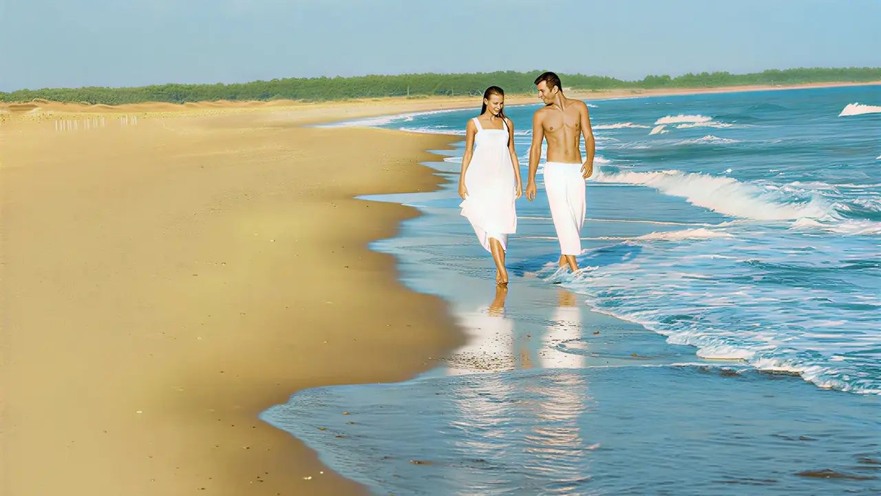 Para spaceruje po plaży w Lykia World Antalya & Links Golf