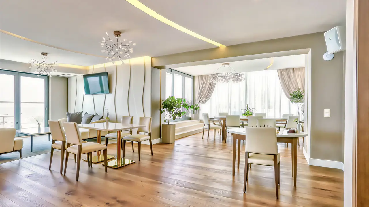 Jadalnia w hotelu Maritim Paradise Blue Albena z eleganckimi stołami