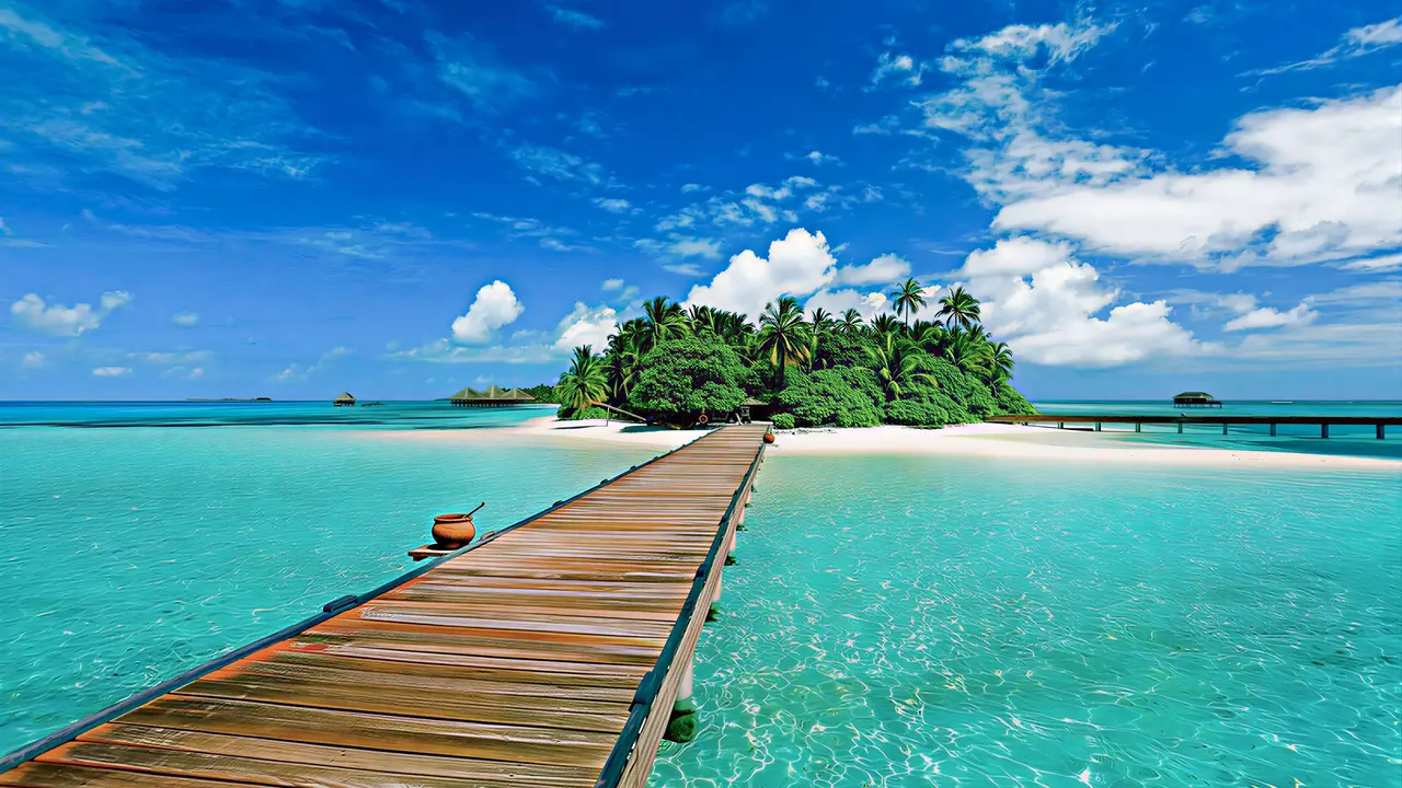 Drewniany pomost prowadzący na plażę w Medhufushi Island Resort