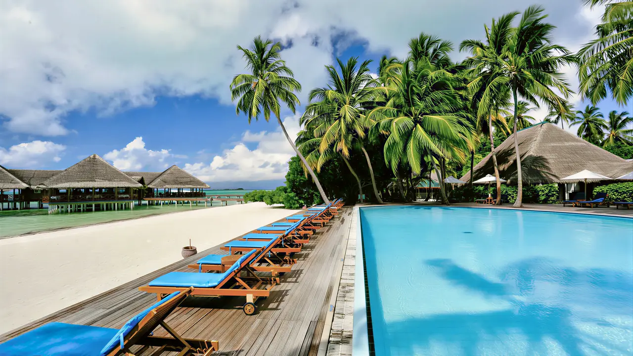 Basen i leżaki w Medhufushi Island Resort