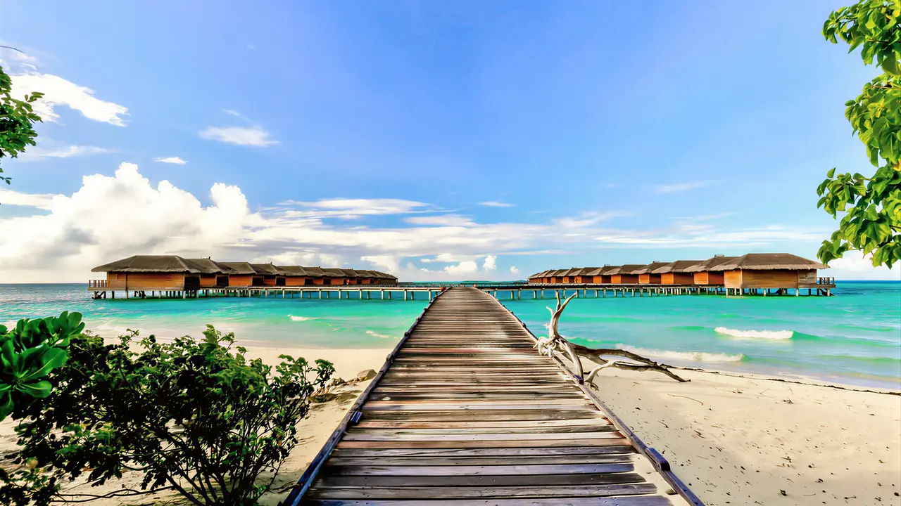 Drewniany pomost i plaża w Medhufushi Island Resort