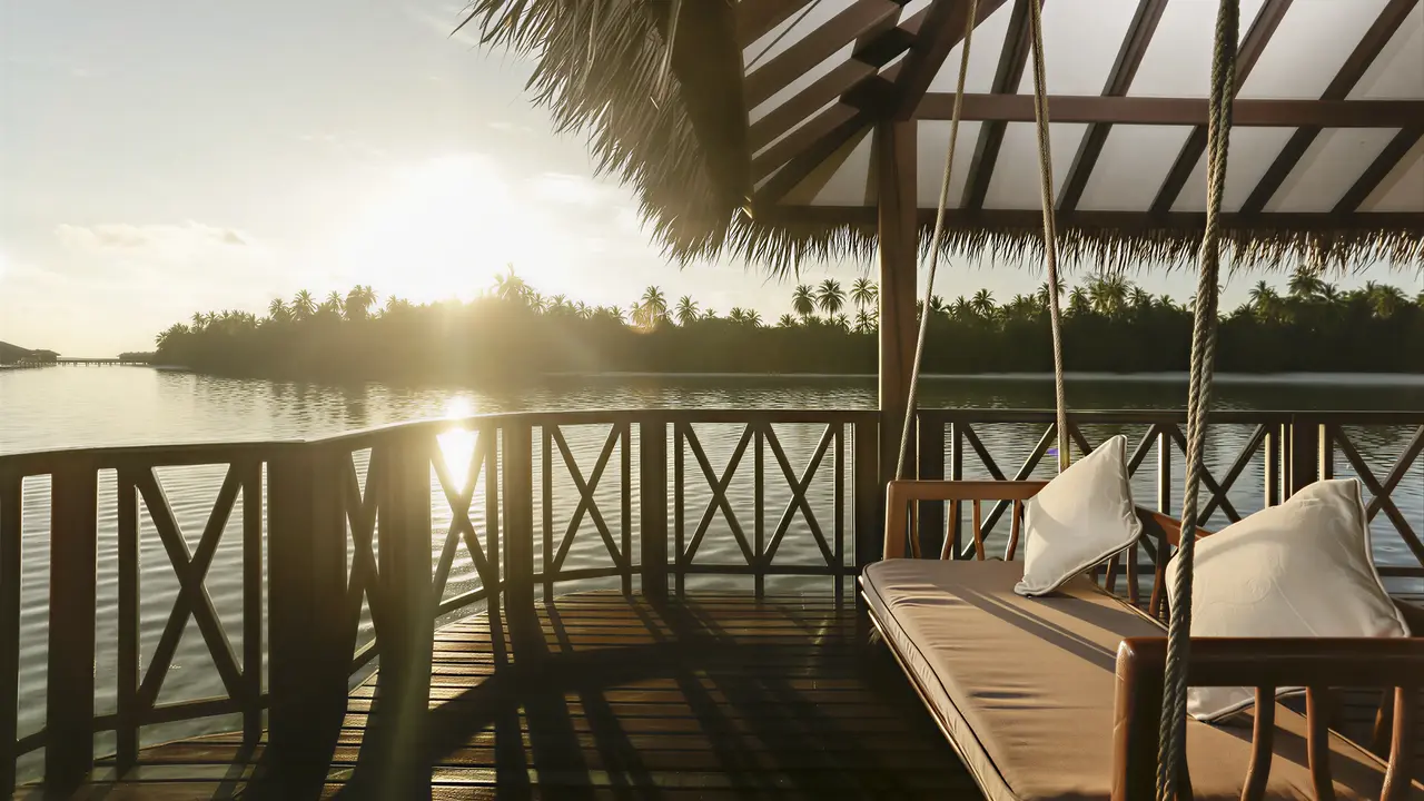 Taras nad wodą w Medhufushi Island Resort o zachodzie