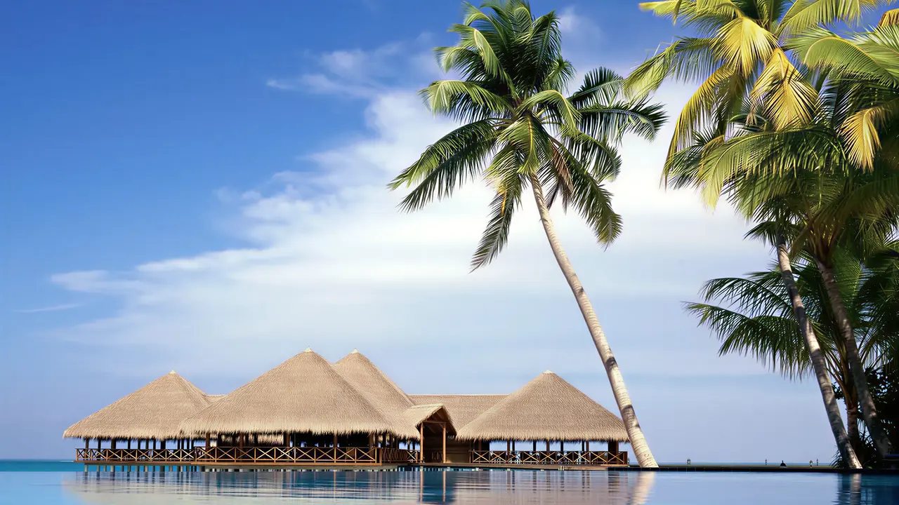 Basen i thatched dachy w Medhufushi Island Resort
