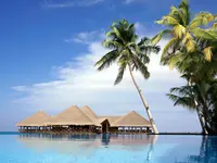 Basen i thatched dachy w Medhufushi Island Resort