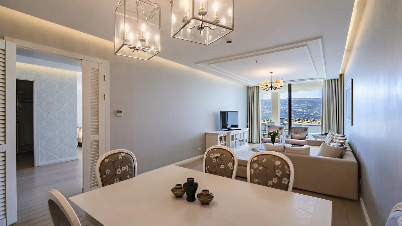Nowoczesny salon z jadalnią w Mivara Luxury Resort & Spa Bodrum