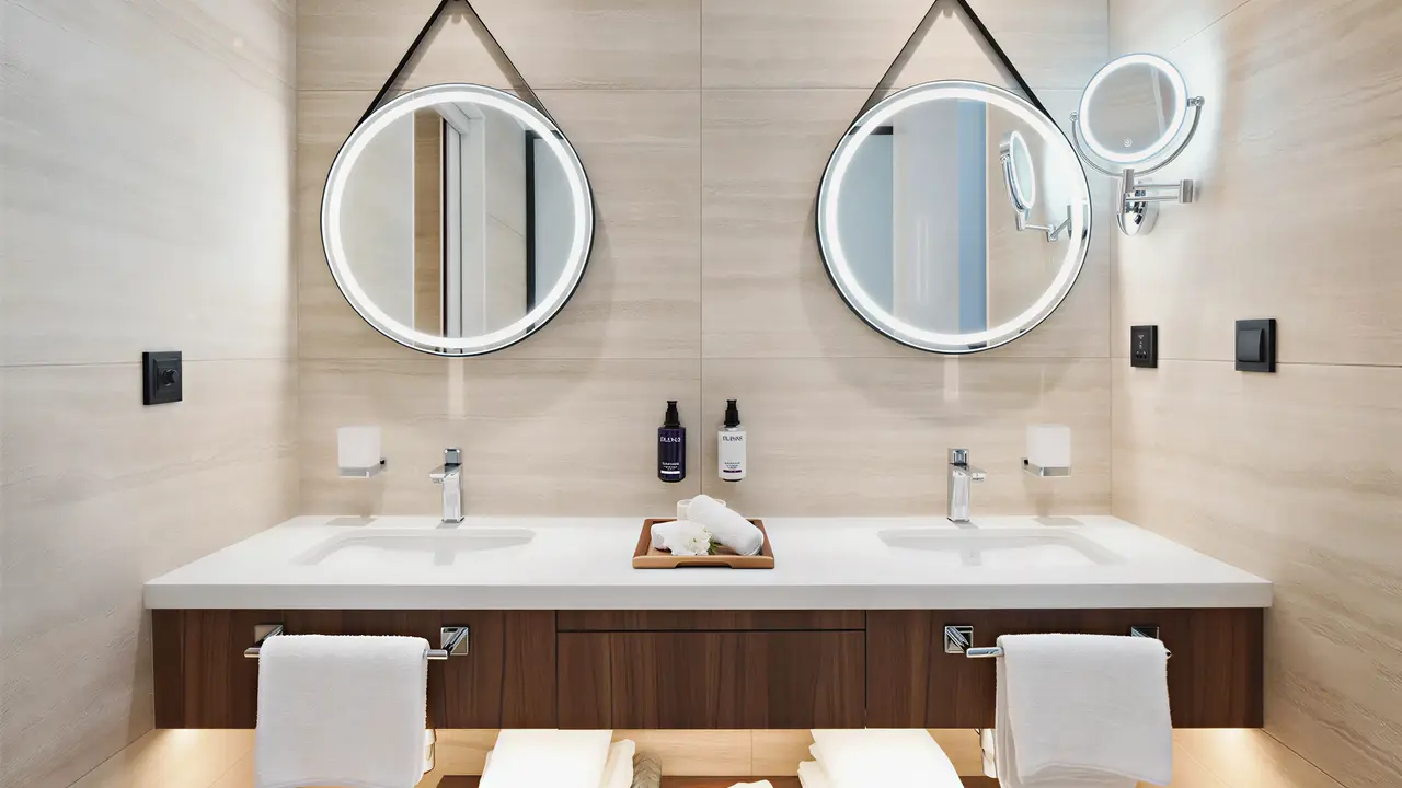Nowoczesna łazienka w Olympic Lagoon Resort Paphos z dwoma umywalkami